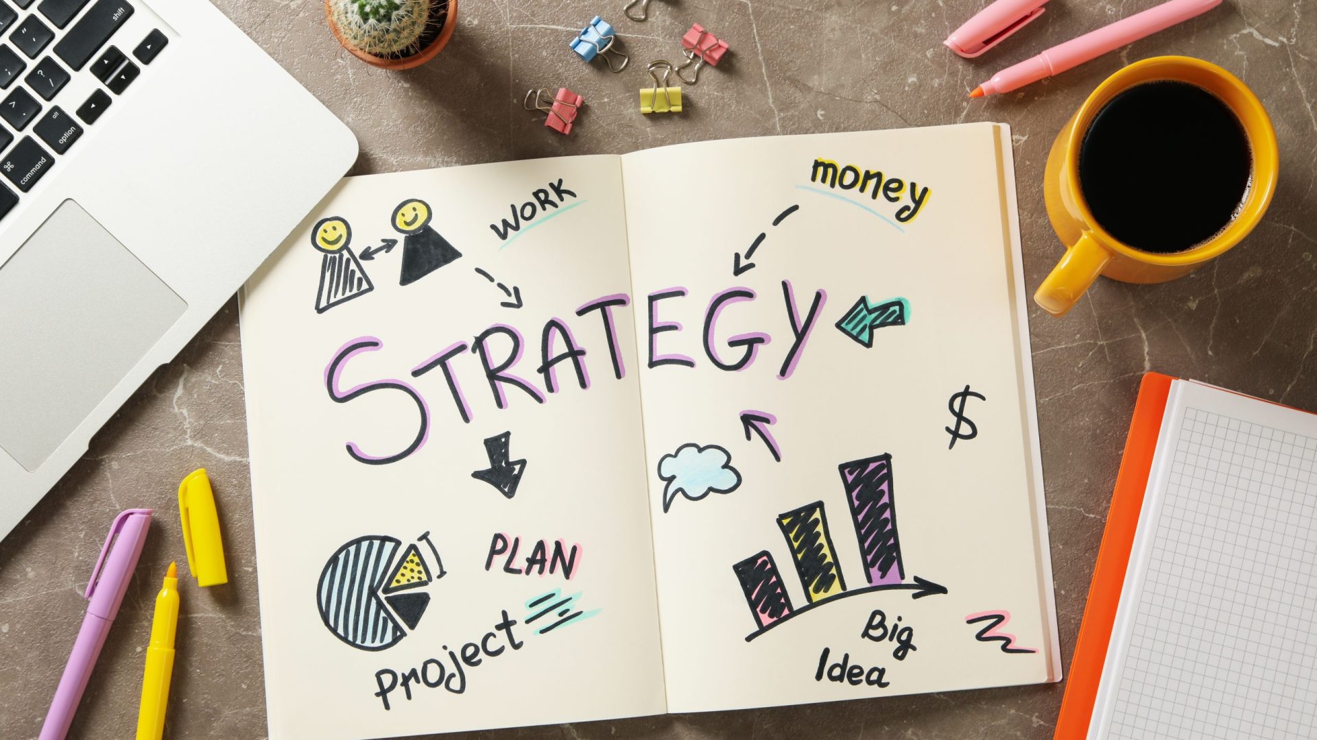 Concept of business strategy on gray table, top view