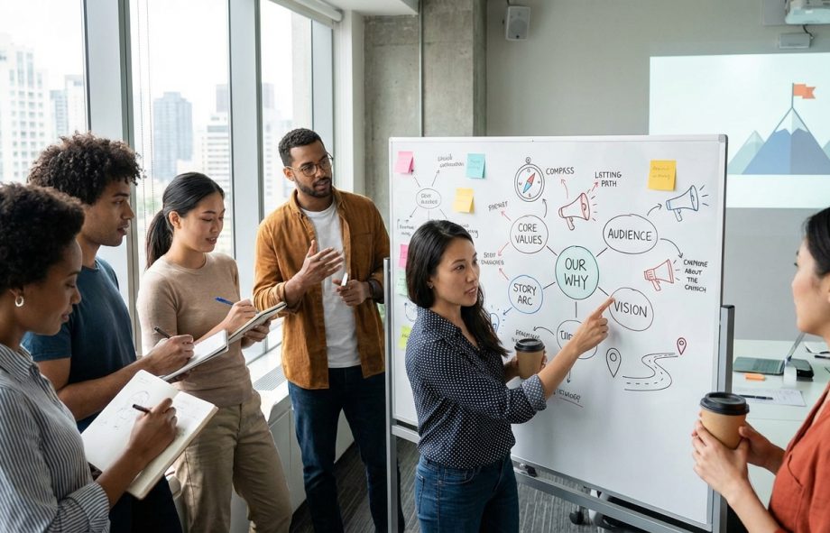 Illustration of people building a brand together to represent strategic brand storytelling and trust