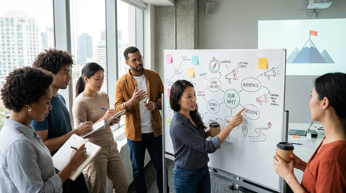 Illustration of people building a brand together to represent strategic brand storytelling and trust