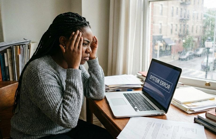 Marketer at a messy desk holds her head while a laptop shows “SYSTEM ERROR,” suggesting marketing overwhelm and stalled results.
