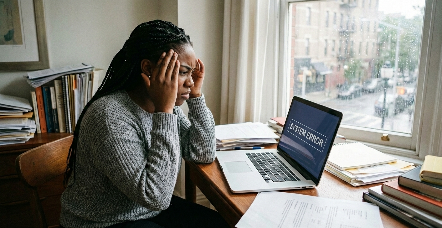 Marketer at a messy desk holds her head while a laptop shows “SYSTEM ERROR,” suggesting marketing overwhelm and stalled results.