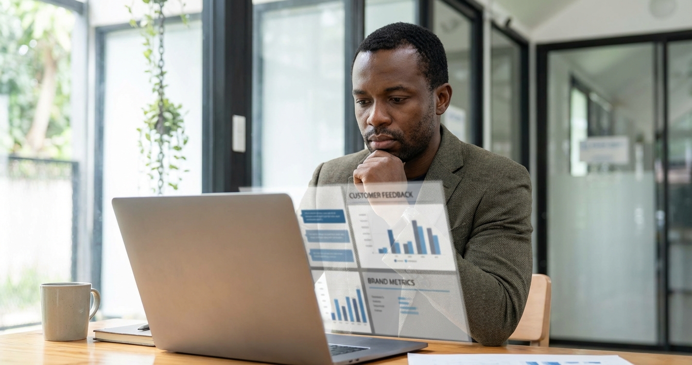 A marketer reviewing customer feedback and performance metrics to understand why the brand is being perceived differently than intended.
