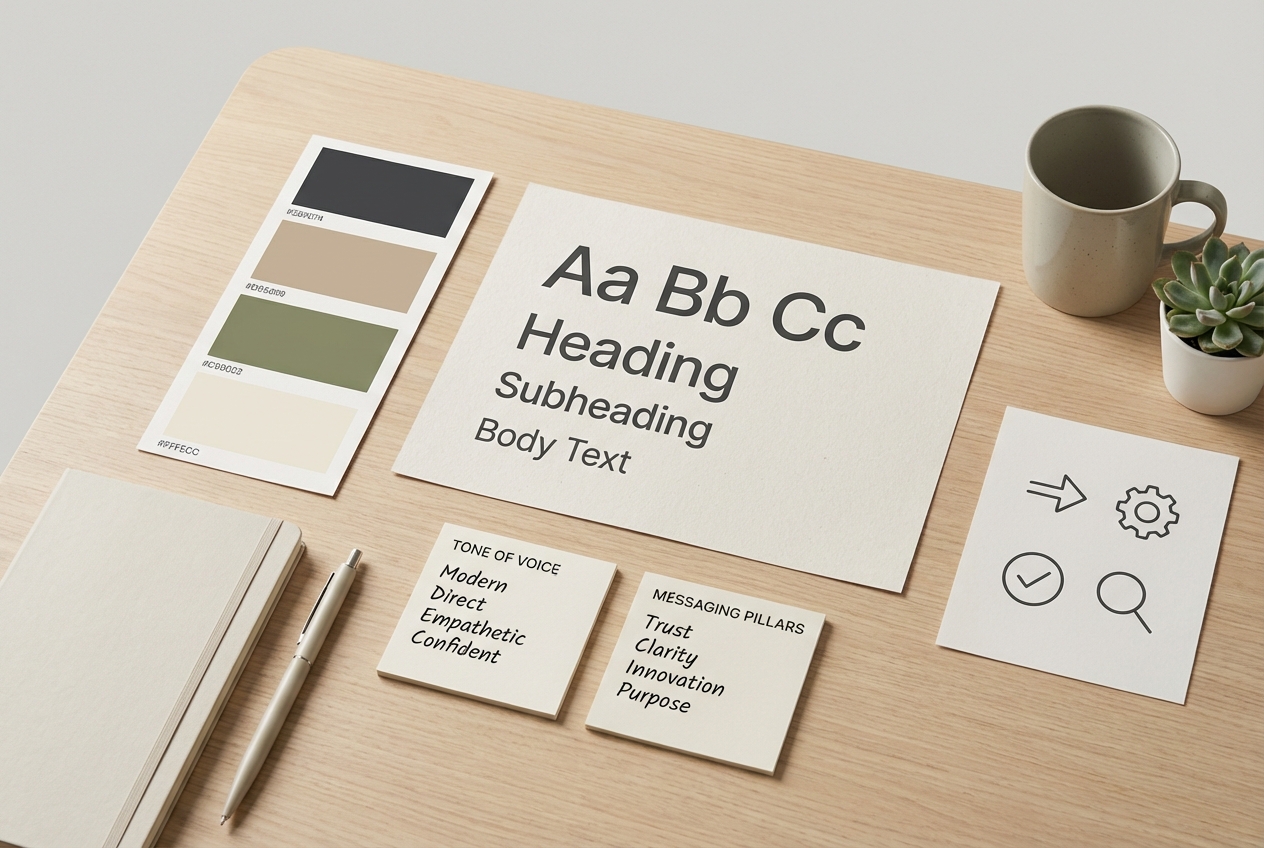 A brand identity toolkit showing visual and messaging elements used to guide consistent brand execution.