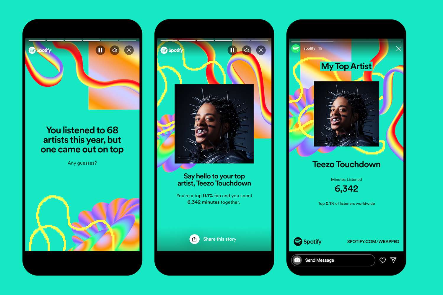 Spotify Wrapped screens showing personalized listening data turned into a shareable digital brand experience.