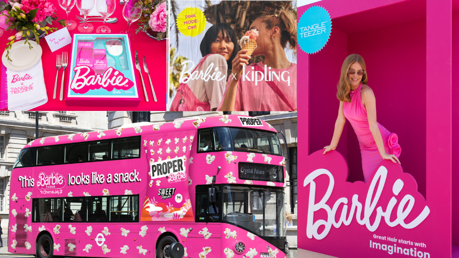 Collage of Barbie brand moments across fashion, food, travel, and outdoor advertising showing a coordinated digital brand rollout.