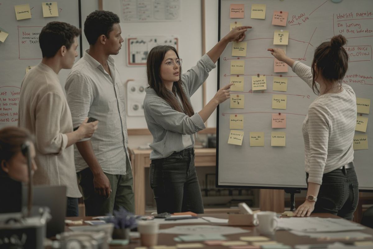 Team mapping customer journey stages on a workspace board
