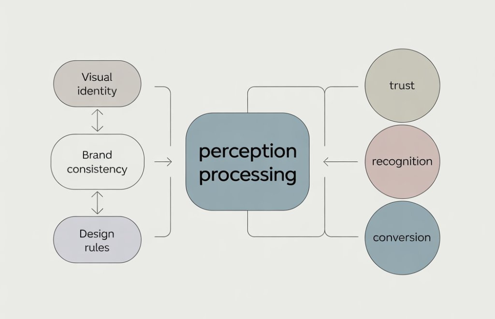 Diagram showing how visual branding supports trust, recall, and conversion confidence.