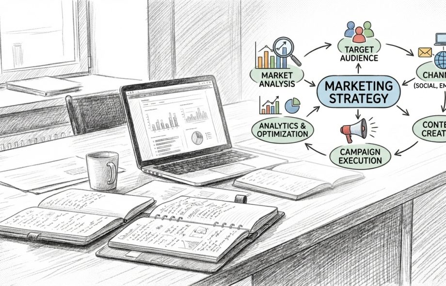 Market research and analytics workspace illustrating how customer insights feed into a clear marketing strategy.Market research and analytics workspace illustrating how customer insights feed into a clear marketing strategy.