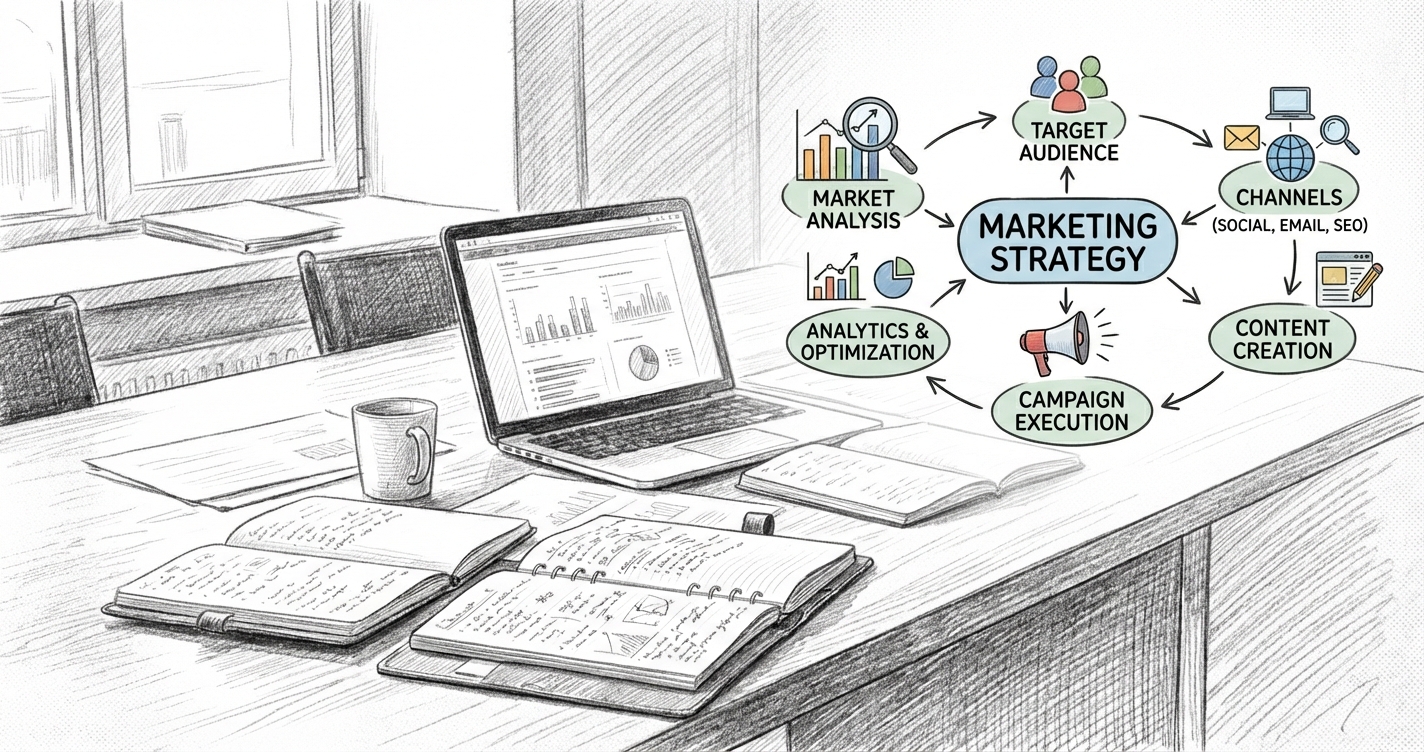 Market research and analytics workspace illustrating how customer insights feed into a clear marketing strategy.Market research and analytics workspace illustrating how customer insights feed into a clear marketing strategy.