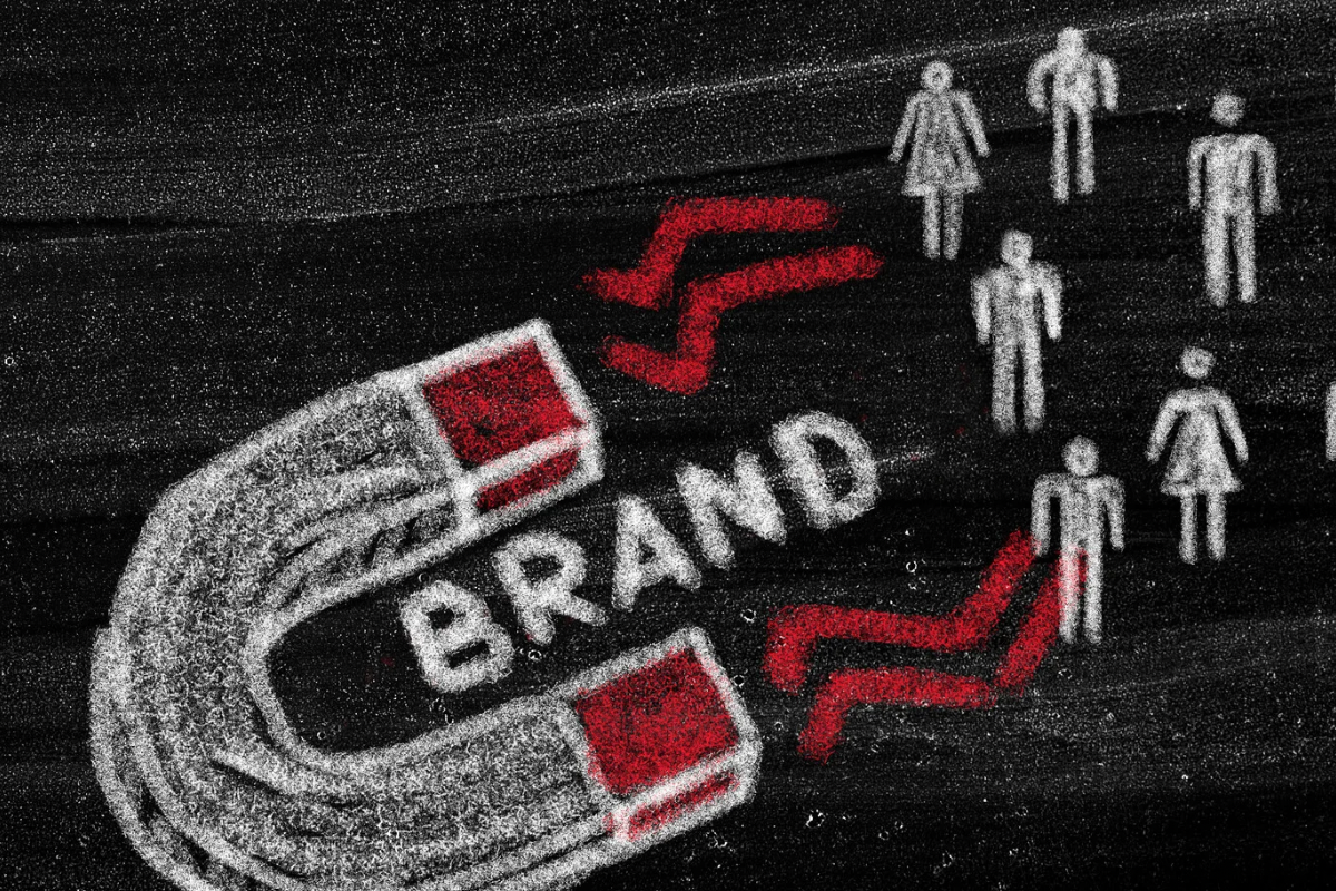Image showing a magnet labeled “brand” attracting people, illustrating how brand values draw the right audience when purpose is clear.