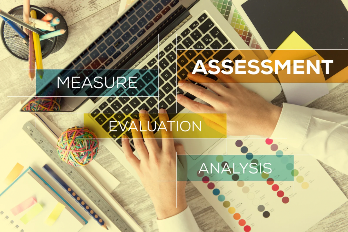 Image showing a digital brand audit process involving measurement, evaluation, and analysis of brand elements across platforms.