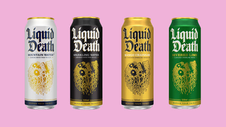 Four cans of Liquid Death water demonstrating a brand identity built on a disruptive narrative system rather than traditional aesthetics.