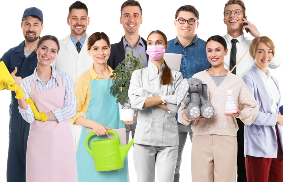 A diverse group of people in various professional uniforms representing traditional demographic audience research.