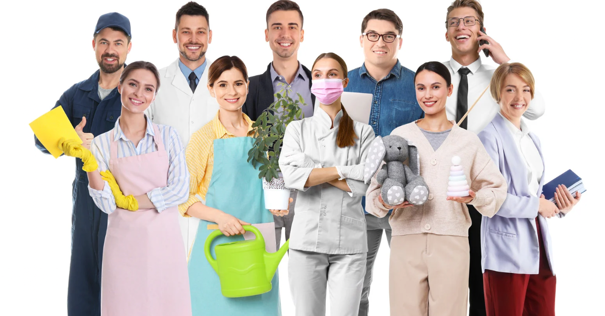 A diverse group of people in various professional uniforms representing traditional demographic audience research.