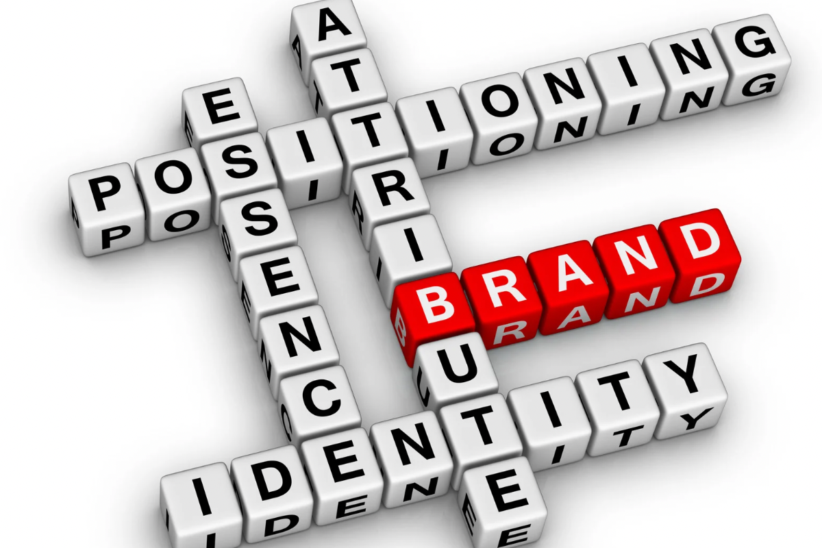 Interlocking word blocks spelling out brand identity, positioning, and essence to show how to build an identity that converts.