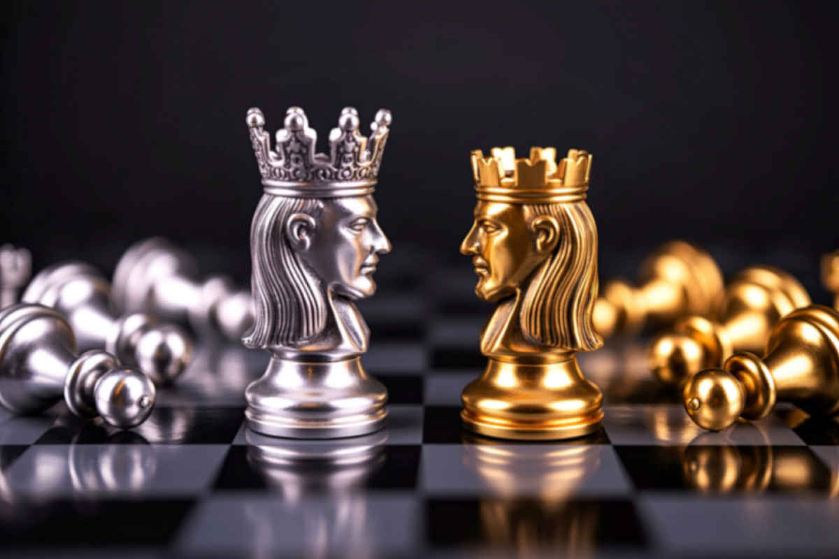 Silver and gold chess pieces facing off, symbolizing the strategic difference between a visual identity and a complete narrative system.