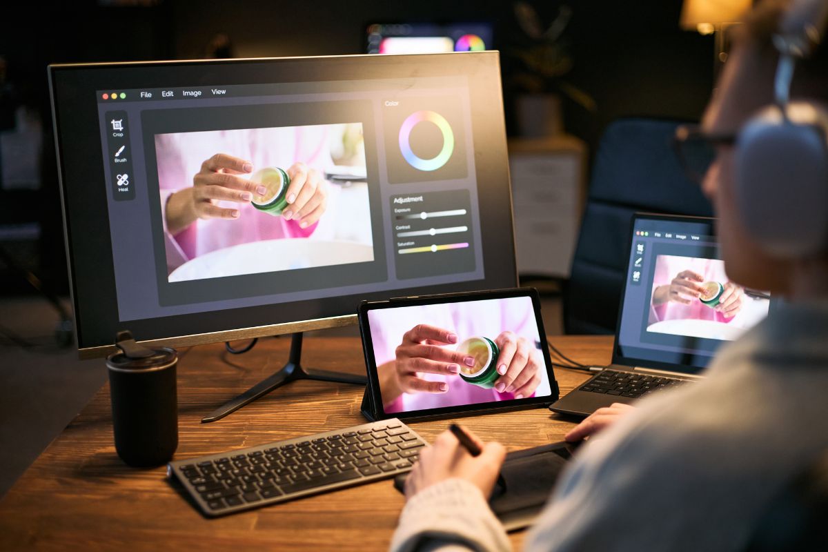 Designer creating multimedia assets combining video, graphics, and audio for branding