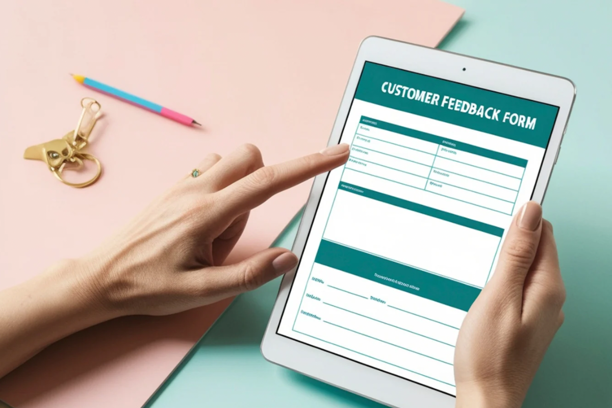 Hands holding a tablet displaying a customer feedback form on a desk.