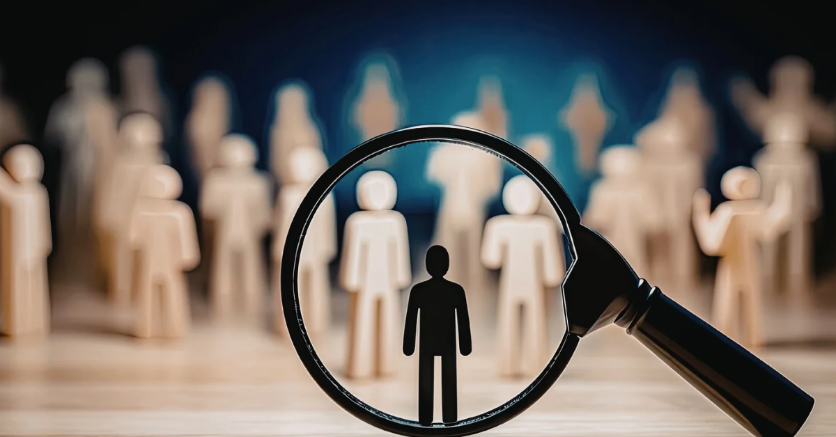 A magnifying glass focusing on a single black wooden figure standing out in a large crowd of identical beige figures.