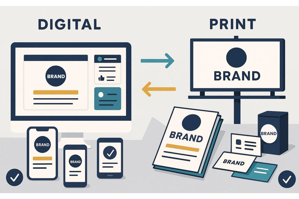 Unified brand materials shown across website, social media, packaging, and print collateral