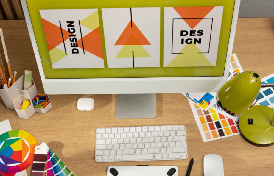 Brand design system showing consistent color palette, typography, and layout rules across multiple touchpoints