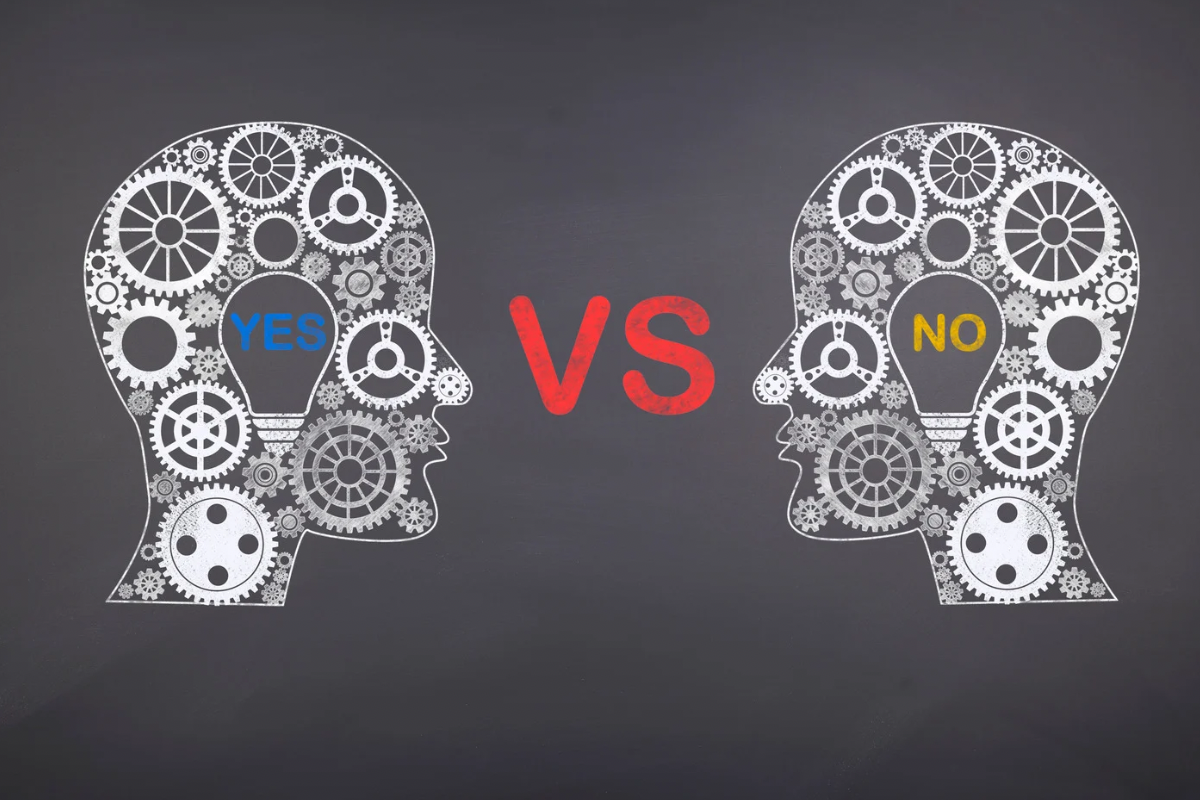 Two human head silhouettes filled with mechanical gears facing each other, one containing a "YES" lightbulb and the other a "NO" lightbulb.