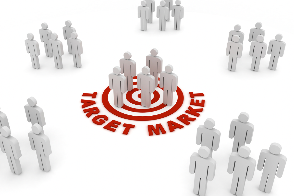 Consumer groups positioned around a bullseye to illustrate target market segmentation.