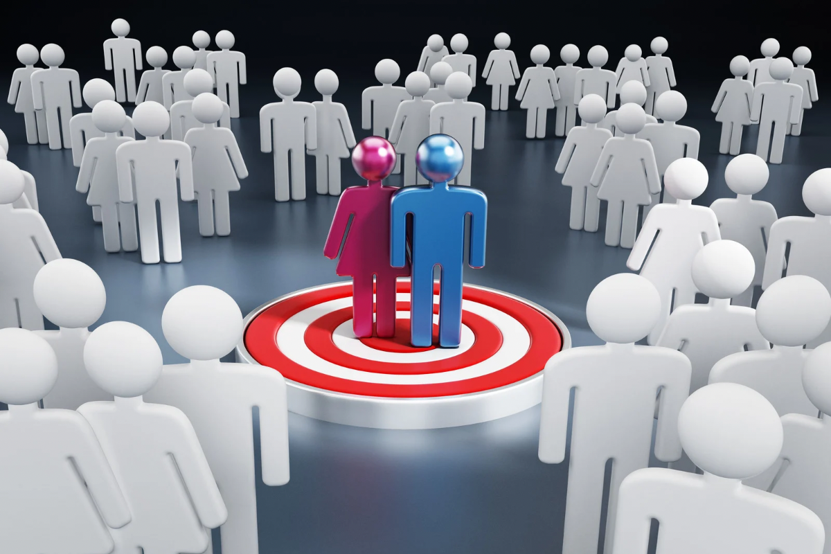 3D figures standing on a target representing audience segmentation versus community building