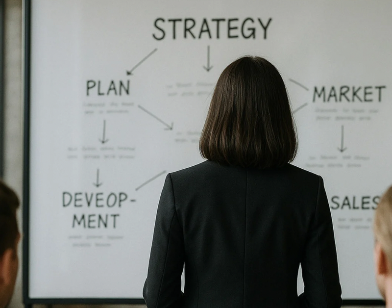 A woman standing in front of a whiteboard presenting a flowchart that connects strategy to planning, market, development, and sales.