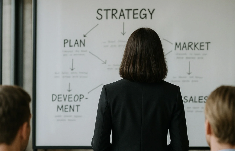 A woman standing in front of a whiteboard presenting a flowchart that connects strategy to planning, market, development, and sales.