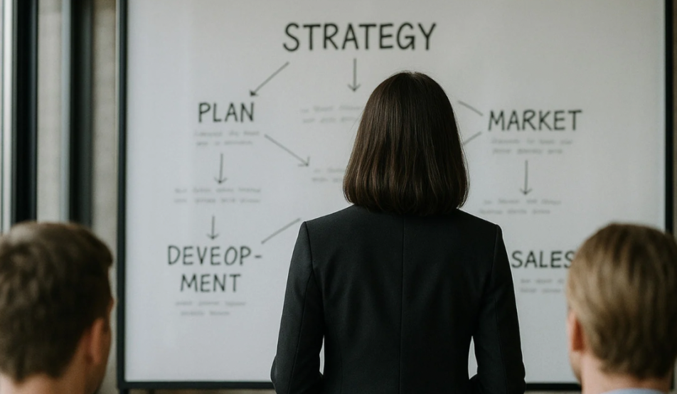 A woman standing in front of a whiteboard presenting a flowchart that connects strategy to planning, market, development, and sales.