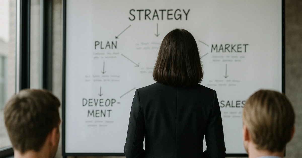A woman standing in front of a whiteboard presenting a flowchart that connects strategy to planning, market, development, and sales.