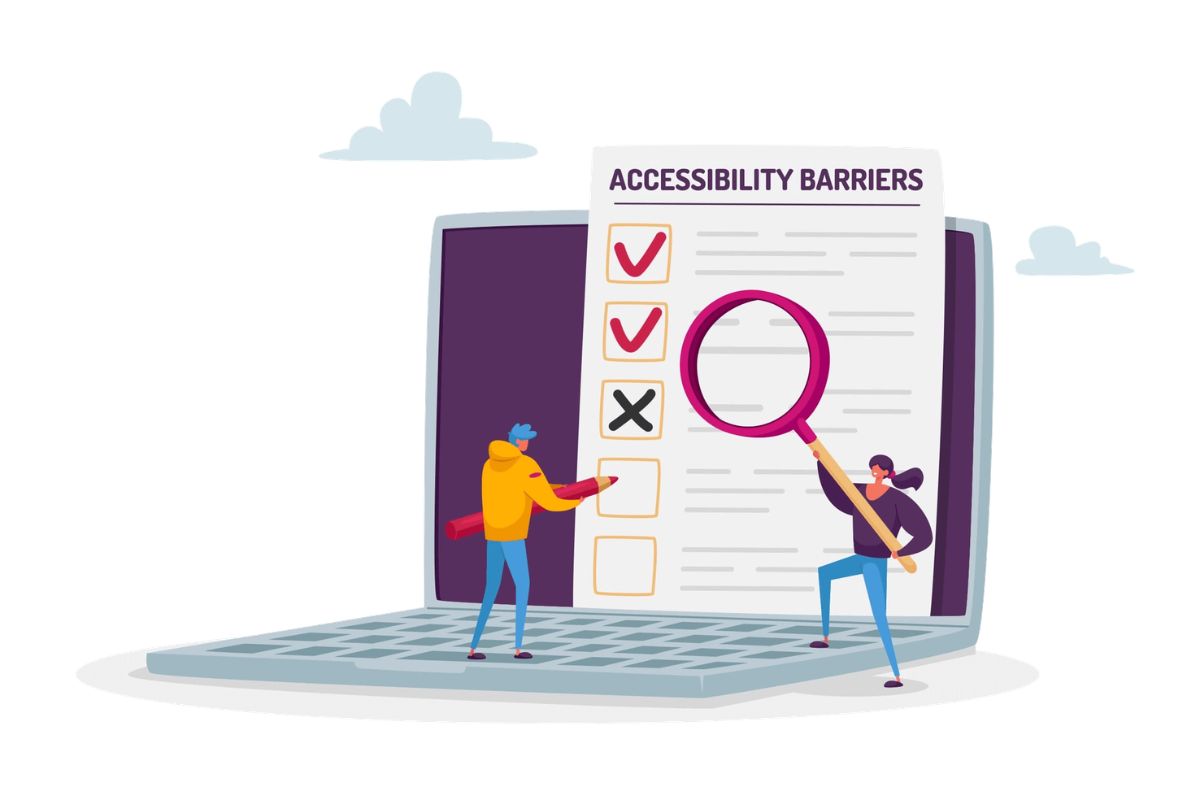 Website displaying common accessibility barriers including low-contrast text and missing form labels