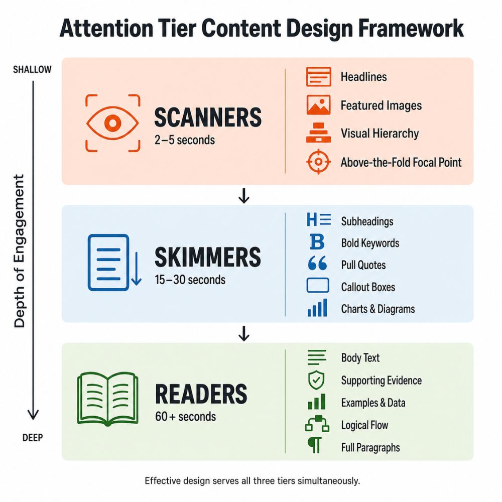 Framework diagram showing three attention tiers — scanners, skimmers, and readers — and the design elements that serve each group