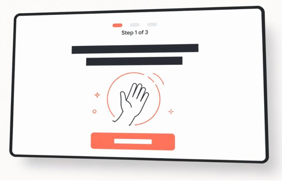 Clean onboarding screen guiding a new user through a product's core features with a progress indicator and single clear action