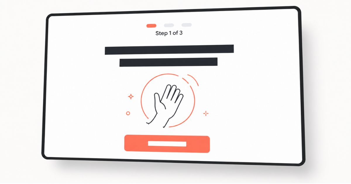 Clean onboarding screen guiding a new user through a product's core features with a progress indicator and single clear action