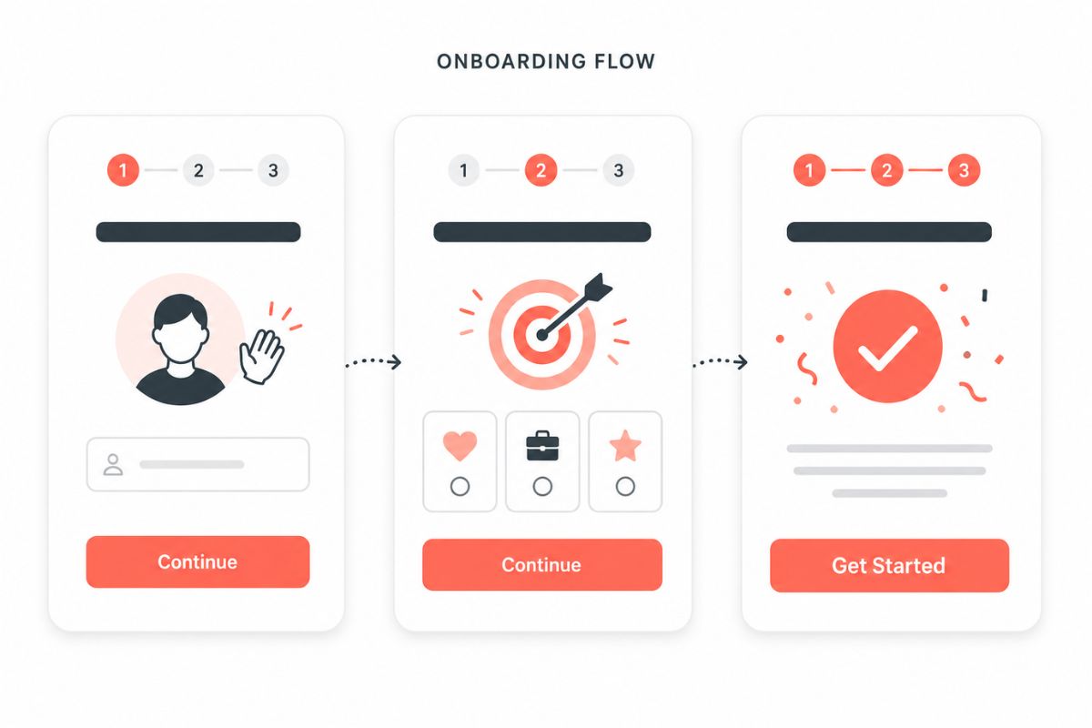 Step-by-step onboarding flow showing progressive disclosure with one task per screen and a visible progress bar